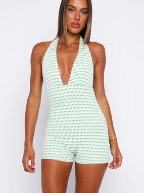White Fox Boutique Green Striped Halter One Piece Romper Perfect Date Playsuit